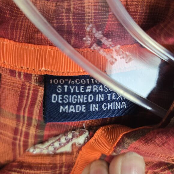 Panhandle Rough Stock Shirt XXL Snap Button Embroider Plaid Orange Red Flip Cuff - Picture 8 of 9